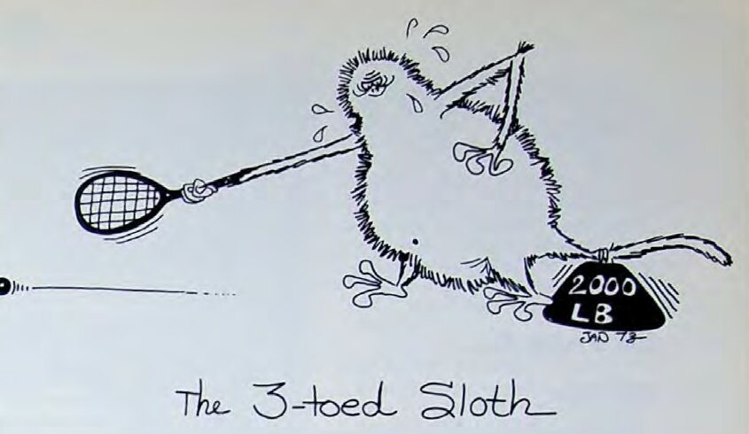 Original three-toed sloth racquetball illustration by Jan Campbell from Keeleyisms, National Racquetball (1973).