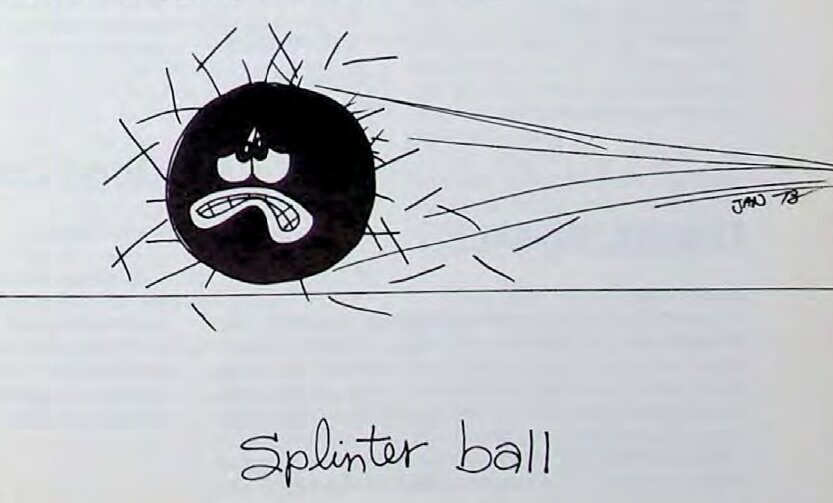 Original Splinter Ball racquetball illustration by Jan Campbell, 1973.