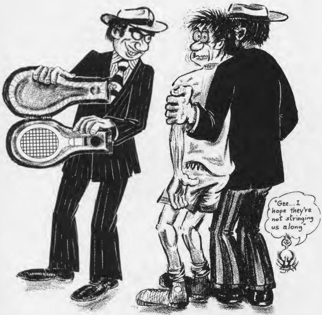 Original 1972 cartoon of a racquet salesman and a wary customer.